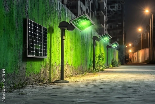 Fototapeta Nighttime scene with solar-powered street lamps illuminating green wall on urban sidewalk, showcasing sustainable city lighting solution.