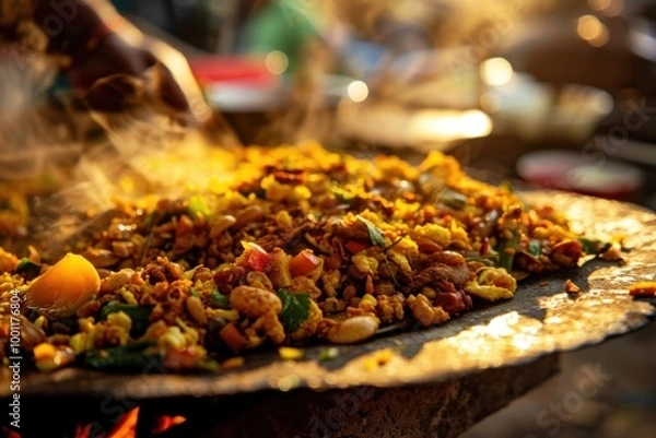 Fototapeta A vibrant, close-up photo of freshly made Kottu Roti with a mix of vegetables, eggs, and meat, on a wooden table