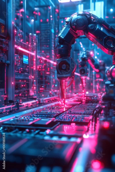 Fototapeta Blockchain Integration, A futuristic factory features holographic robot arms actively working on microchip assembly. The setting is illuminated with neon accents and digital