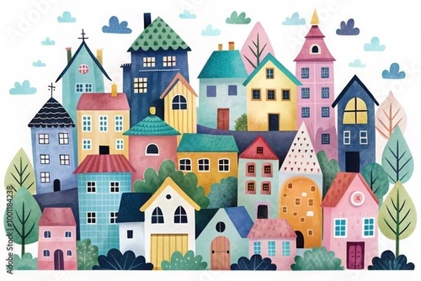 Fototapeta Whimsical houses in different colors with trees and clouds, illustration
