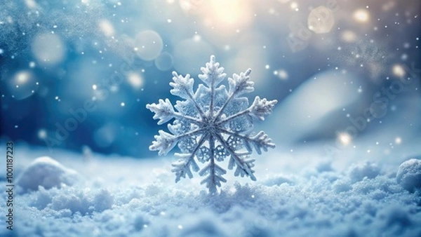 Fototapeta Delicate, intricately patterned snowflake gently falls onto a soft, blurred white background, creating a serene and peaceful winter wonderland desktop scene.