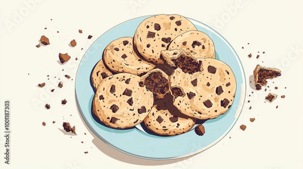 Fototapeta A playful scene of a plate full of chocolate chip cookies, some with bites taken out, with crumbs scattered around the plate, Illustration, Food Concept