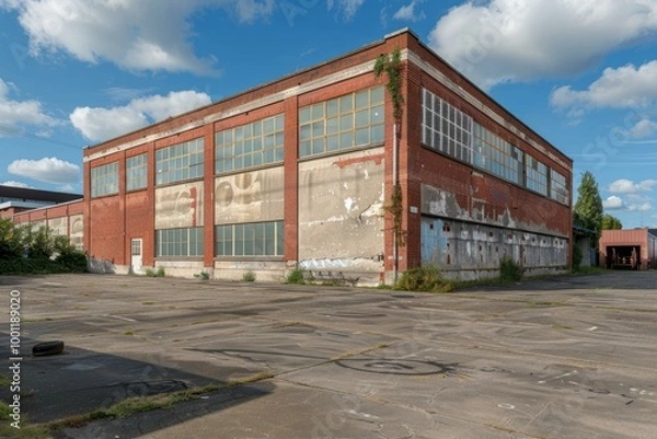 Fototapeta Old abandoned red brick warehouse building with broken windows is falling apart
