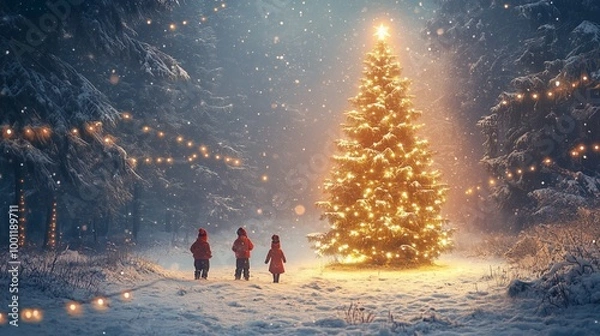 Fototapeta Children enjoy the magic of Christmas in a snowy forest, marveling at a glowing tree