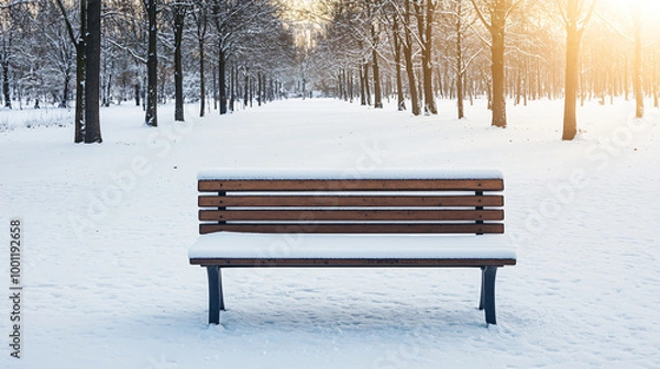Obraz Serene Winter Park with Snow-Covered Bench and Sunset Through Snowy Trees