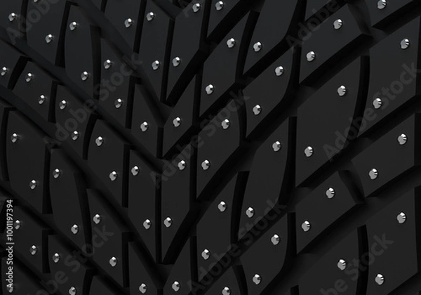 Fototapeta A car wheel, a winter tire. Close-up of the tread, metal spikes for snow and ice. 3d rendering on the topic of security, traffic, transport, spare parts.