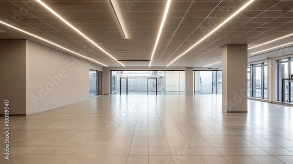 Fototapeta An empty space with smooth ceramic tile flooring and ceiling strip lights, creating a bright and clean monochromatic interior.