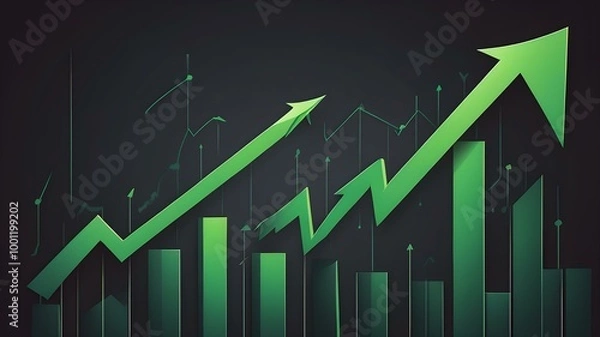 Fototapeta A vector illustration of a rising stock chart with green arrows, symbolizing growth and profits