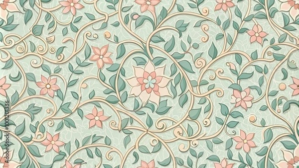 Fototapeta Intricate floral pattern of interlocking shapes and vines in pastel colors, creating a seamless repeating design for