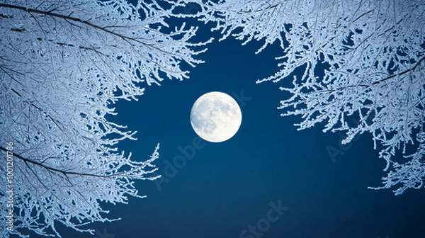 Obraz Full moon framed by frost-covered tree branches on a clear winter night