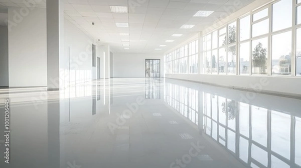 Fototapeta Clean and modern room with a glossy epoxy resin floor, well-lit and empty, perfect for use as an office or studio space after renovation.