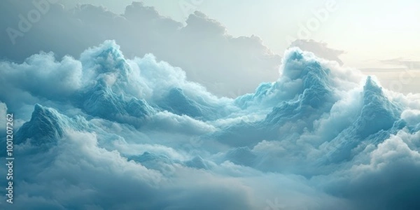 Fototapeta Floating island with pine trees and misty mountains in a dreamy sky