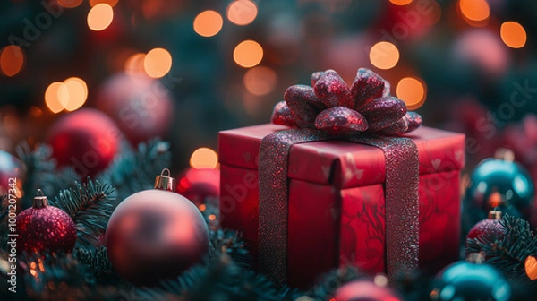 Fototapeta A beautifully wrapped red gift box adorned with sparkling bow sits among festive ornaments, creating warm and joyful holiday atmosphere.