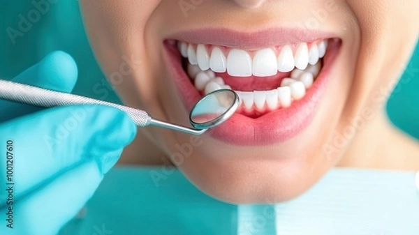 Fototapeta Close-up of a patient smiling during a dental check-up.