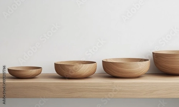 Fototapeta Natural wooden bowls showcased on a minimalist wooden shelf against a plain wall during daylight hours