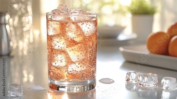Fototapeta A sparkling beverage sits surrounded by bright kitchen elements