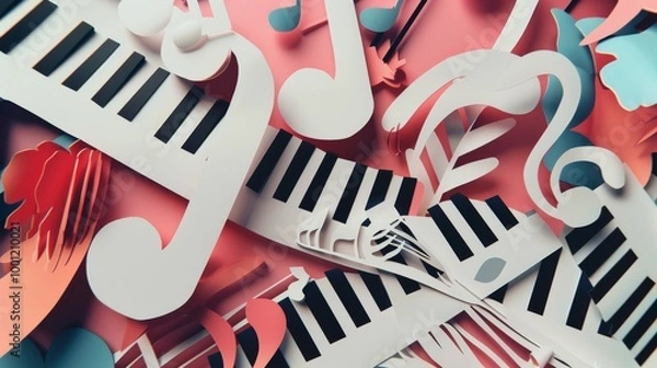Fototapeta An artistic composition of colorful paper cutouts of musical notes and piano keys, celebrating music and creativity.