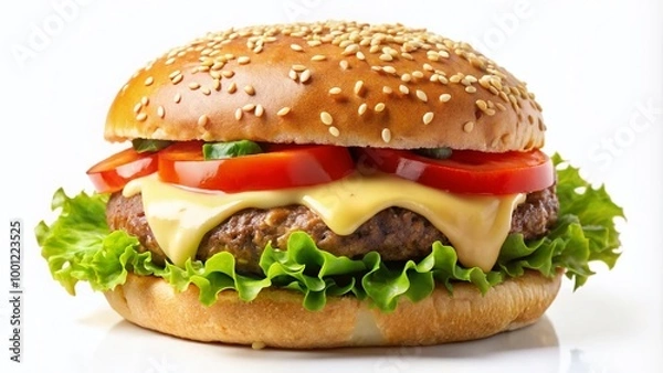 Fototapeta Savory beef patty topped with melted cheddar cheese, crispy lettuce, juicy tomato, and creamy mayonnaise on a toasted
