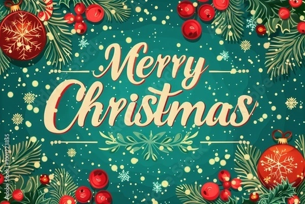 Fototapeta On a green background gift boxes, a Christmas tree, it is snowing "Merry Christmas"