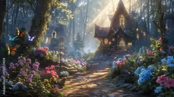 Fototapeta A unique house in a magical forest, a backdrop of an enchanting fantasy world.