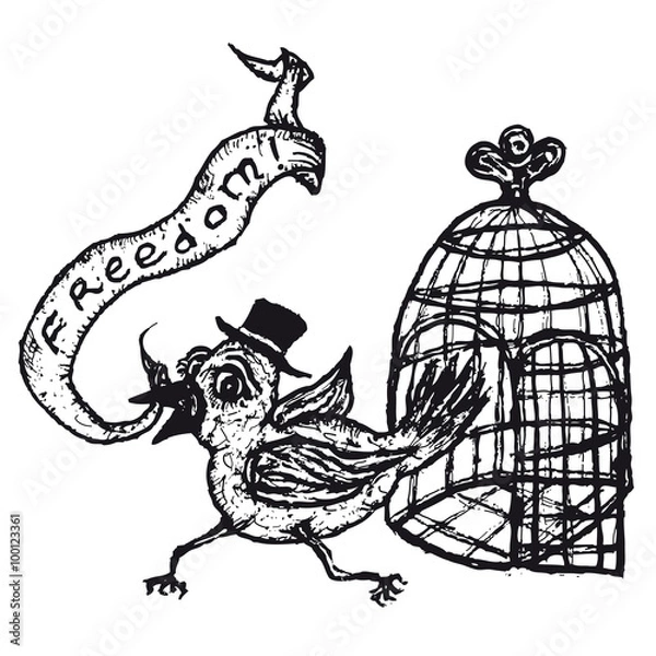 Fototapeta Hand drawn bird running away from cage