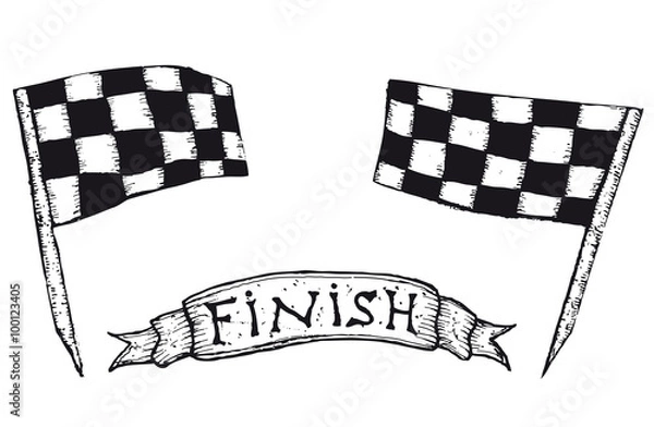 Fototapeta Hand drawn checkered flags and finish banner