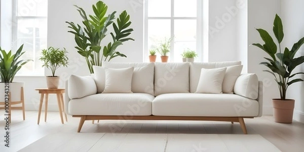 Fototapeta A modern, minimalist white sofa in a bright, airy room with a potted plant in the background.
