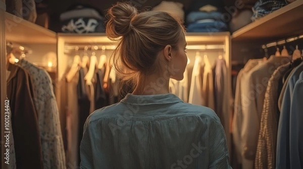 Fototapeta Woman standing in a walk-in closet with her back turned