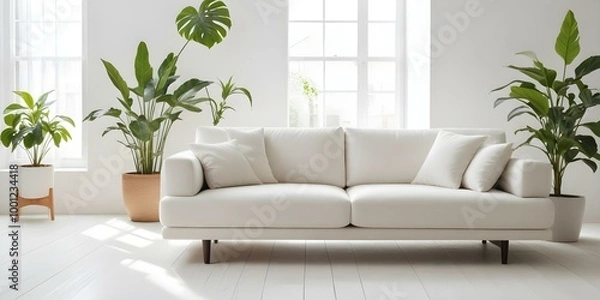 Fototapeta A modern, minimalist white sofa in a bright, airy room with a potted plant in the background.