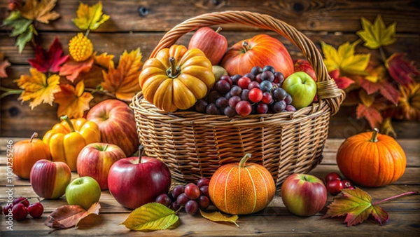 Fototapeta Bountiful harvest basket filled with colorful fruits and pumpkins surrounded by autumn leaves