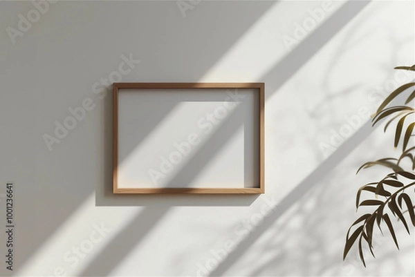 Fototapeta One frame on wall mockup blank poster. Wooden frame mock up empty print background. Wood picture frame in room. Gallery design realistic modern interior