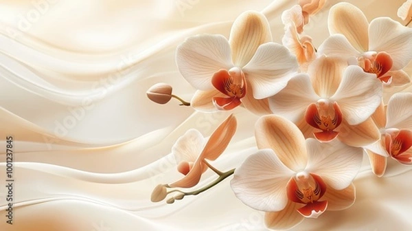 Fototapeta A soft, elegant arrangement of light-colored orchids on a smooth, flowing background, evoking tranquility and natural beauty.