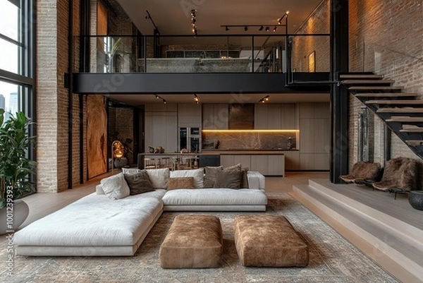 Fototapeta A modern living room with a sectional sofa, a rug, and two ottomans. There is a loft overlooking the living room, a kitchen with stainless steel appliances, and a set of stairs going up to the loft.