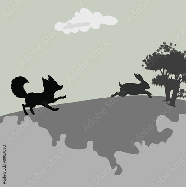 Fototapeta Rabbit and fox.  Silhouette landscape scene. Vector illustration.