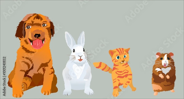 Fototapeta Pets set - cute home animal pets - Puppy dog, rabbit, kitten and hamster. Realistic style vector illustration Isolated on white background. 