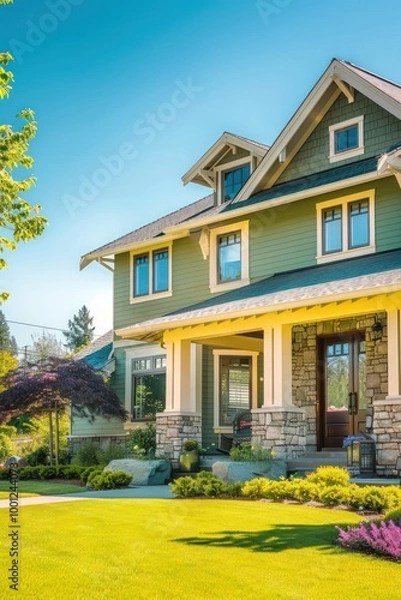 Fototapeta Elegant urban craftsman-style house in soft sage, with stone accents, a manicured lawn, and a clear blue sky.