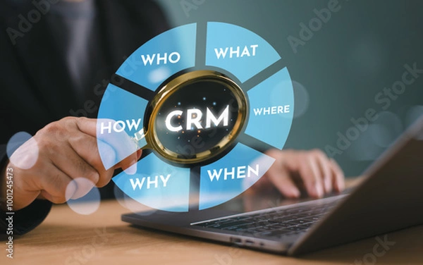 Obraz CRM Customer Relationship Management concept. Client engagement solution technology. Businessman using CRM software to analysis business marketing. Customer management strategy. Personal data analytic