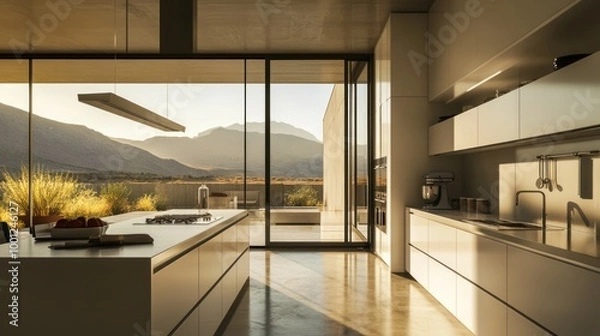 Fototapeta Modern kitchen with large windows showcasing a scenic mountain view at sunset.