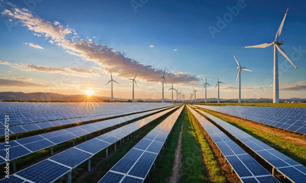 Fototapeta A field of solar panels stretches out towards a row of wind turbines at sunset