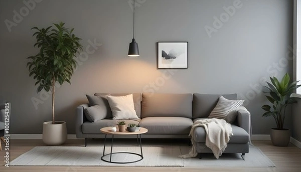 Obraz A cozy living room with a gray sofa, a potted plant, and a floor lamp. The room has warm lighting and a minimalist, modern decor style.