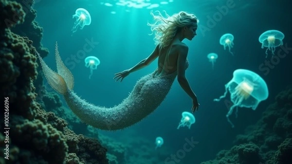 Fototapeta Generative AI, a woman in a mermaid costume is standing under jellyfish in the ocean with jellyfish in the water, underwater, a storybook illustration, magical realism
