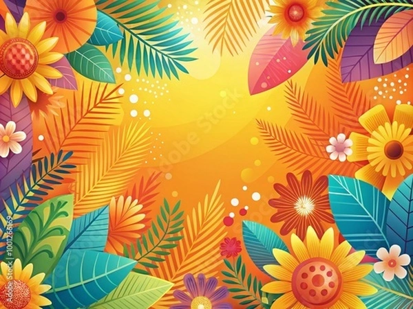 Fototapeta Vibrant and colorful summer-inspired template background featuring stylized floral patterns, abstract shapes, and warm