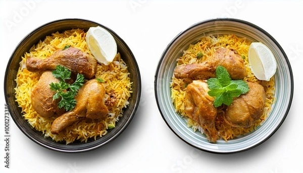 Fototapeta chicken biryani top view with a shallow depth of field; traditional food and ramadan concept