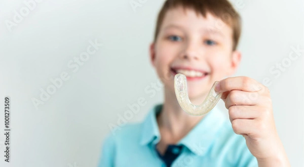 Fototapeta Little kid boy holding professional orthodontic removable invisible aligner. Dental healthcare and confidence concept