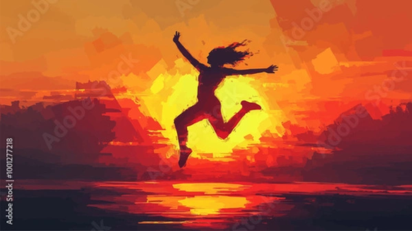 Fototapeta Pixelated silhouette of a person jumping with joy against a sunset.