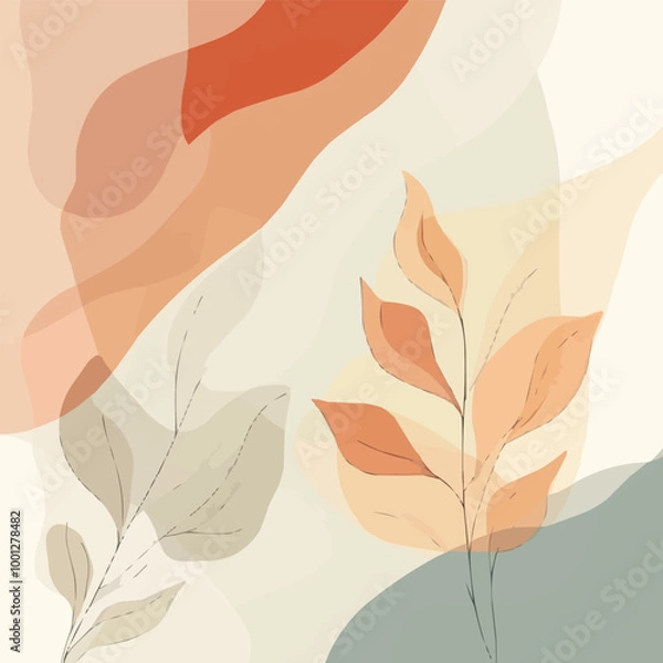 Fototapeta Stylized vector of abstract leaves and natural forms in soft, warm hues, floating in a soothing rhythm.