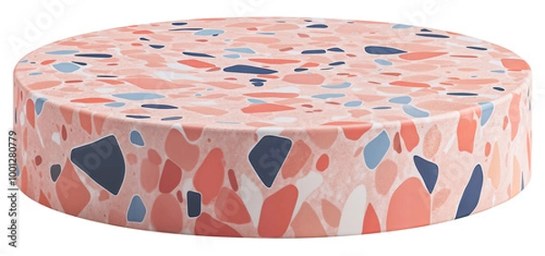 Obraz Pink coral and blue terrazzo pattern empty low round podium with smooth surface. Product display isolated on transparent background