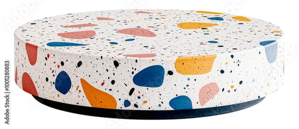 Obraz White terrazzo empty low round podium with large pink, blue, yellow, and orange speckles. Product display isolated on transparent background.