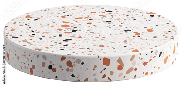 Obraz White terrazzo empty low round podium with orange, black, beige speckled surface. Product display isolated on transparent background