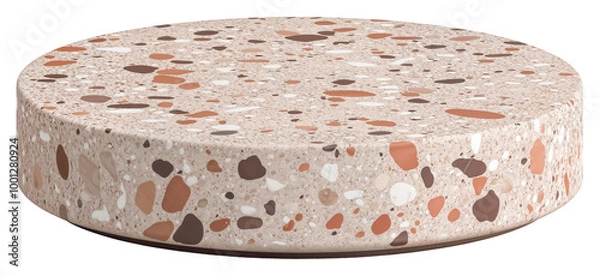 Obraz Beige terrazzo empty low circular podium with brown, white, and orange speckled surface. Product display isolated on transparent background.